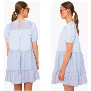 Tuckernuck English Factory Quinn Blue Striped Short Sleeve Tiered Dress M